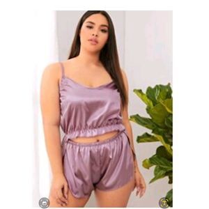 SHEIN Women's Purple Satin 2 Piece Night Pajama Crop Top and Shorts Set Size 16